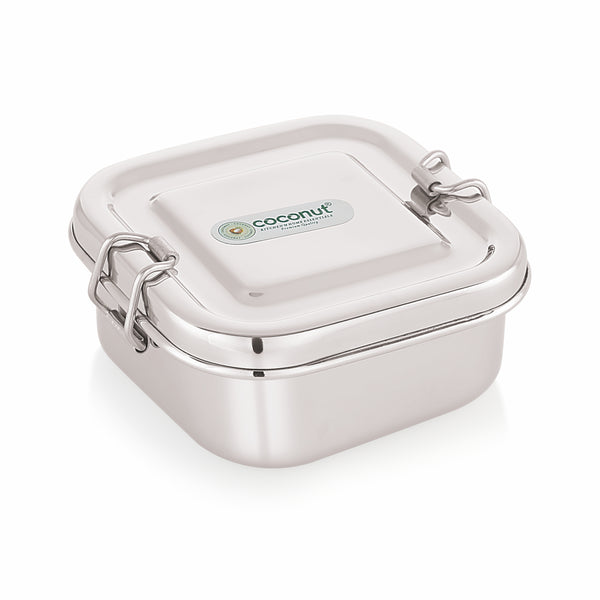 Coconut Stainless Steel Square Lunch Box with Partition Plate & Lock Clips | Food Grade Steel Tiffin Box | Leak-Resistant, BPA-Free & Rust-Proof | Mirror Finish Lunch Box for Office, School & Travel.