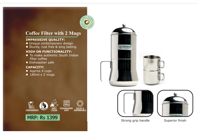 Coconut - Filter Coffee Maker With 2 Double Wall Cup - South Indian Coffee Filter Stainless Steel - Filter Coffee Maker-Drip Coffee Decoction Maker