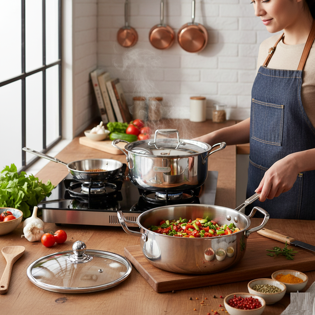Coconut Stainless Steel Tri-Ply Stew Pot + Tri-Ply Casserole with Glass Lid + Tri-Ply Mini Frypan | 3-Layer Food-Grade Steel Cookware Combo | Even Heating, Durable & Multipurpose | Ideal for Indian Cooking & Gifting - Combo 2026