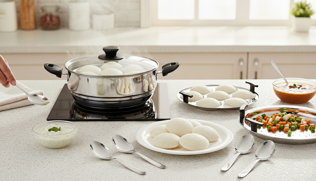 Coconut Stainless Steel Tri-Ply Glass Lid Steamer with 20 Idli Plates & Steamer Plate + 6 Tea Spoons | Heavy-Gauge Food-Grade Cookware | Even Heating & Healthy Steaming | Gas & Induction Compatible | Mirror Finish