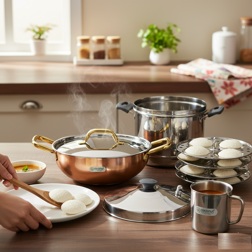 Coconut Stainless Steel Idli Cooker with 4 Plates + Stainless Steel Kadai with Copper Coated Exterior + Plain Coffee Mug | Heavy-Gauge Food-Grade Cookware Combo | Ideal for Idli, Frying & Daily Cooking