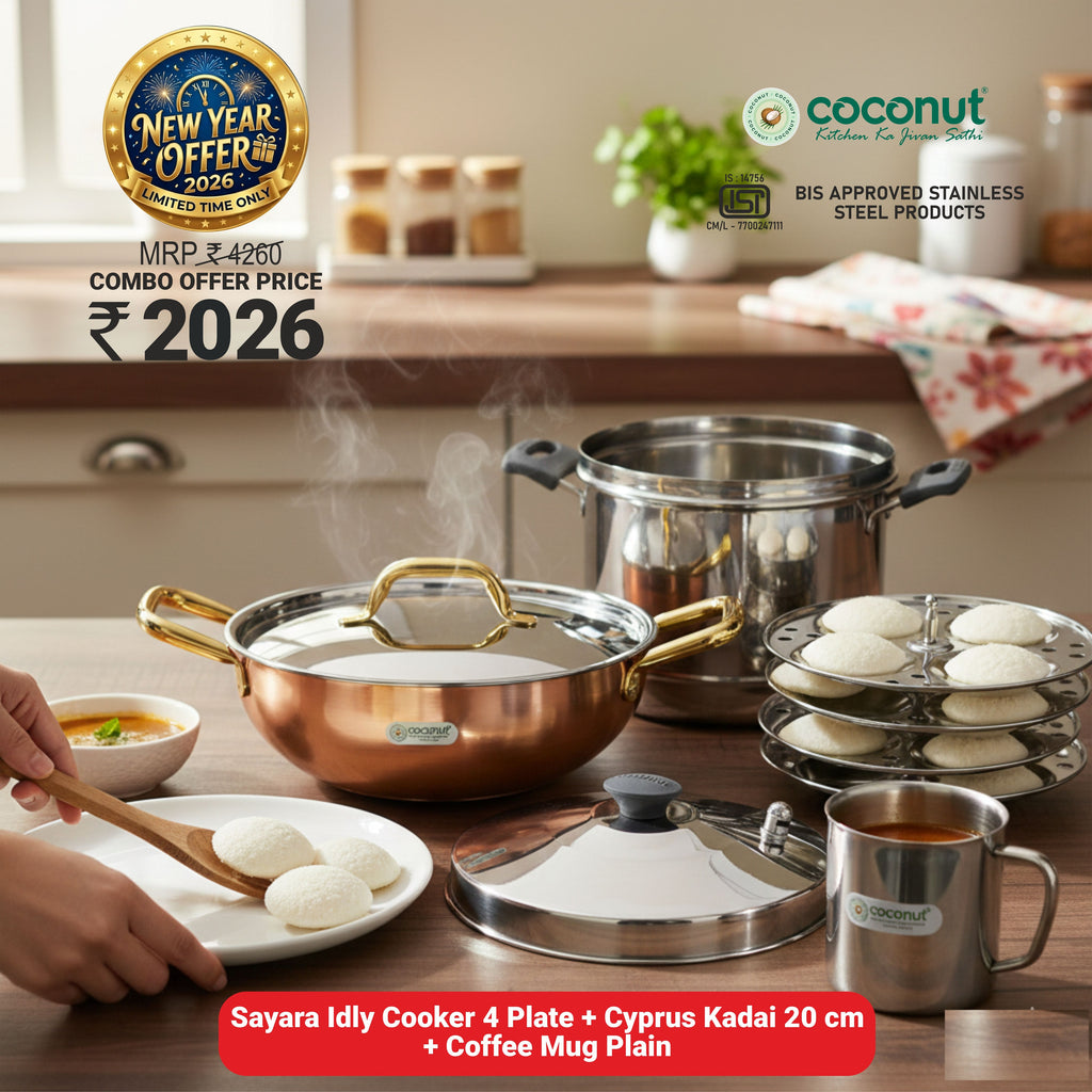 Coconut Stainless Steel Idli Cooker (4 Plates) with Silicone Handle & Knob + Heavy-Gauge Capsulated Bottom Kadai (Copper Coated Exterior) + Coffee Mug | 3-Piece Cookware Combo - 2026 Combo