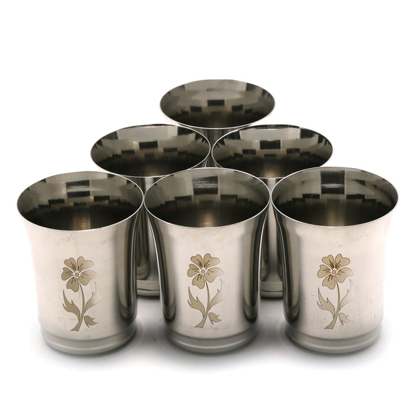 Coconut Stainless Steel Flora Laser Finish Glass Set of 6 | 250ml Capacity | Heavy Gauge Food Grade Stainless Steel Drinking Glasses | BPA Free, Rust Resistant & Durable | Water, Juice, Lemonade & Beverages | Model D16 Flora.