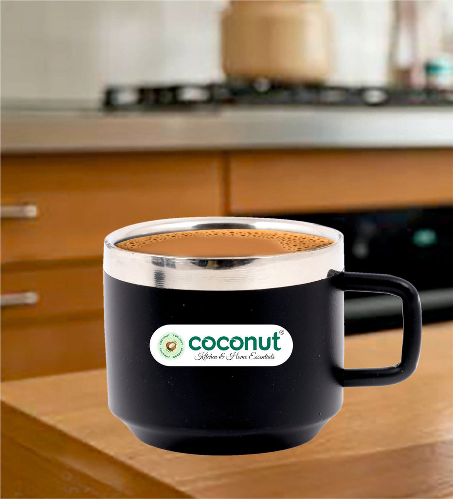 Coconut Stainless Steel Double Walled Vibrant Black Mug Set of 6 | Premium Food-Grade Steel | Heavy-Gauge, Rust-Proof & Durable | Stylish Black Exterior, Mirror Finish Inside | BPA-Free, Eco-Friendly | Ideal for Tea, Coffee & Milk.