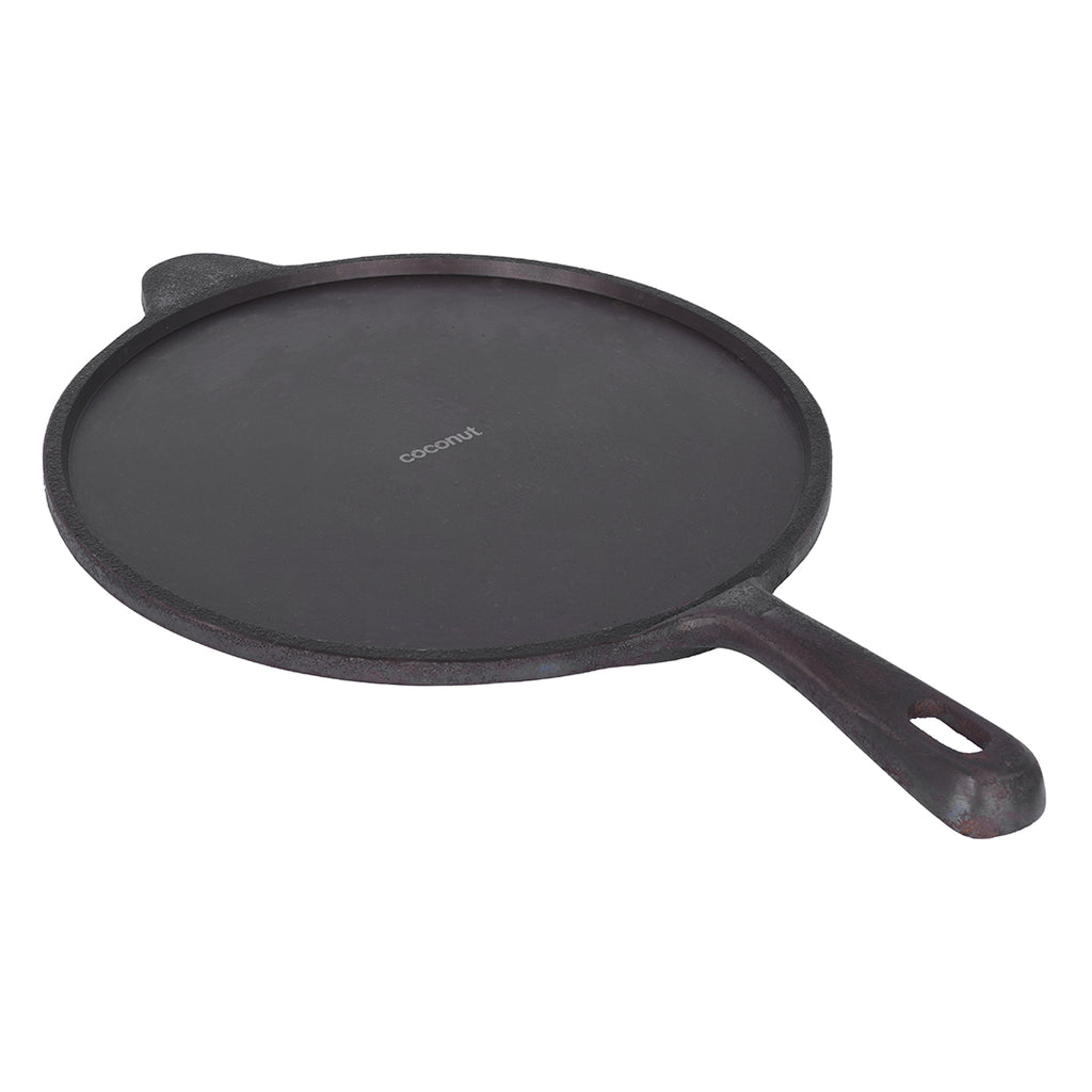 Coconut cast iron dosa tawa - pre seasoned with 100% vegetable oil with natural oven heated golden finidh, food grade , Single handle , smooth surface ready to use, 26cm