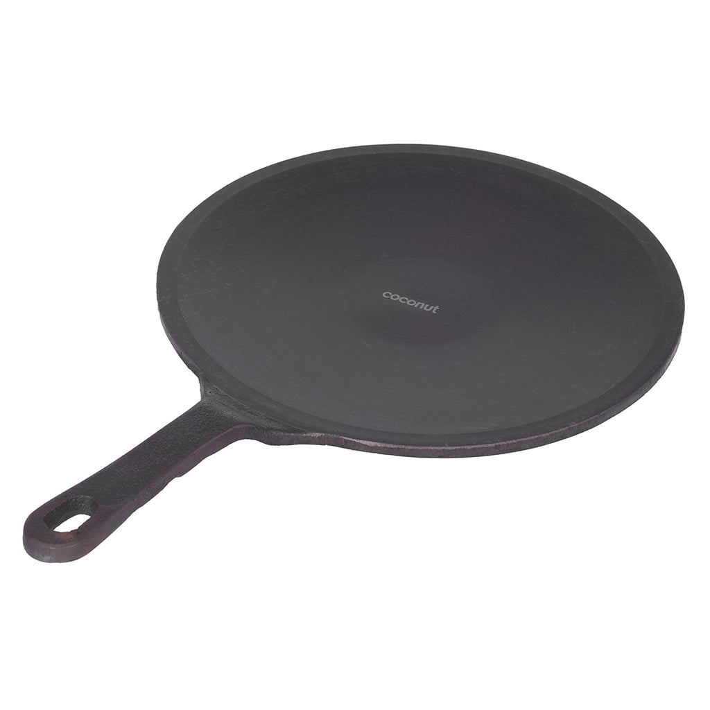 Coconut cast iron Chapati tawa - pre seasoned with 100% vegetable oil with natural oven heated golden finidh, food grade , Single handle , smooth surface ready to use, 26cm