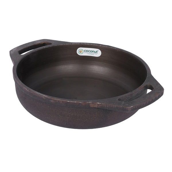 Coconut cast iron flat kadai - pre seasoned with 100% vegetable oil with natural oven heated golden finish, food grade , smooth surface ready to use