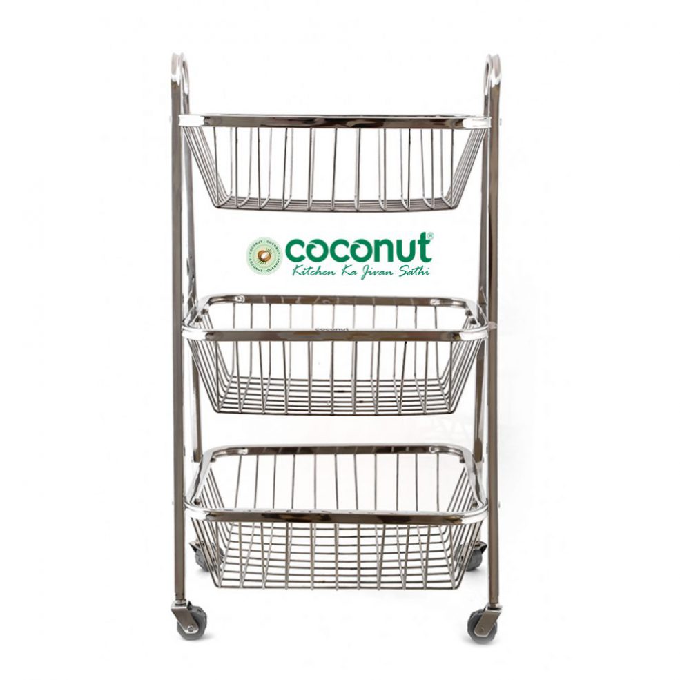 Coconut Stainless Steel Fruit & Vegetable Kitchen Trolley with wheels Fruit Basket/Vegetable Basket/Onion Potato Rack for Kitchen Stand for Kitchen accessories items - 3 Layer