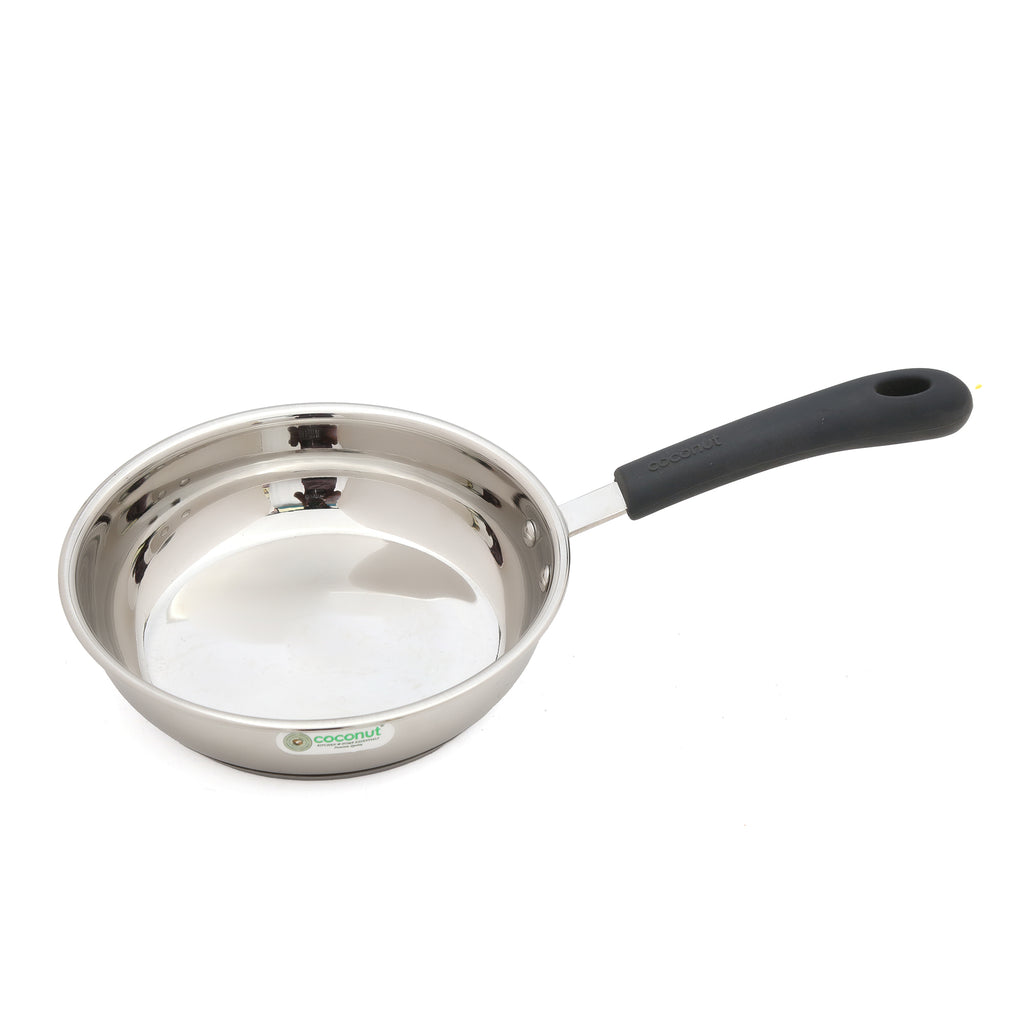 Coconut Stainless Steel Cofi Capsulated Frypan | Heavy-Gauge Deep Fry Pan with Soft-Touch Silicone Handle | Mirror Finish | Induction & Gas Stove Compatible | Ideal for Shallow Frying, & Daily Cooking.