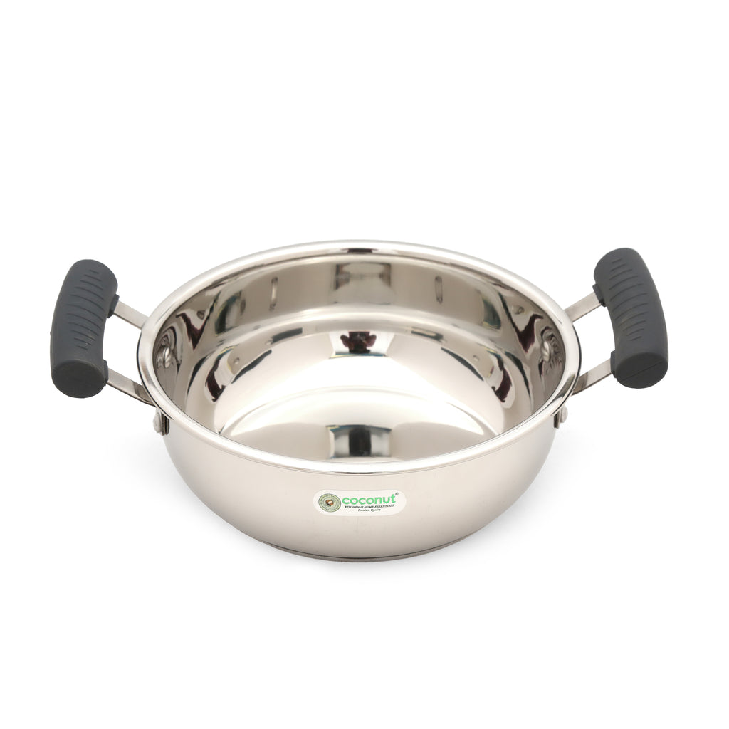 Coconut Stainless Steel Cofi Capsulated Kadai | Heavy-Gauge Deep Frypan with Dual Soft-Touch Silicone Handles | Mirror Finish | Induction & Gas Compatible | Ideal for Frying, Cooking & Daily Use