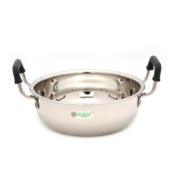 Coconut Stainless Steel Cofi Kadai | Heavy-Gauge Deep Frypan with Dual Soft-Touch  Silicone Handles | Mirror Finish | Induction & Gas Compatible | Ideal for Frying, Cooking & Daily Us.