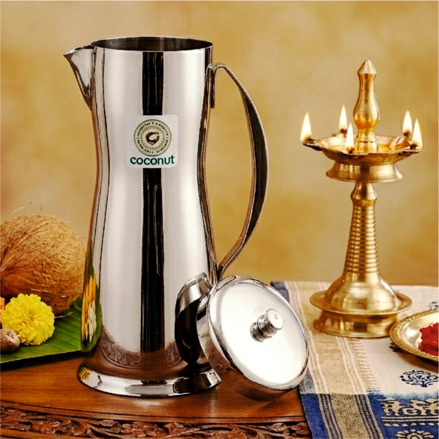 Coconut Stainless Steel Figo Jug 1 Liter | Belly Shaped Fridge Water Jug with Lid & Handle | Stainless Steel Water Pitcher for Water, Juice, Lemonade & Beverages | Food Grade, BPA Free, Rust Proof | Home, Hotel & Party Use.