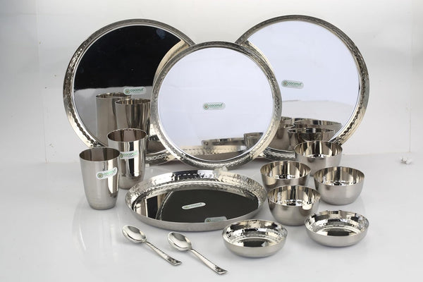Coconut Felix Stainless Steel Dinner Set with Side Hammered for Multipurpose Usage Lunch | Dinner | Kitchen Set for Home