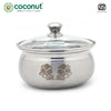 Coconut Fern Stainless Steel Serving 1100ml with Glass Lid | Food Grade SS Hot Pot for Roti, Rice & Curry | Rust Resistant | Dishwasher Safe | Laser Floral Design | Serving Bowl with Lid.