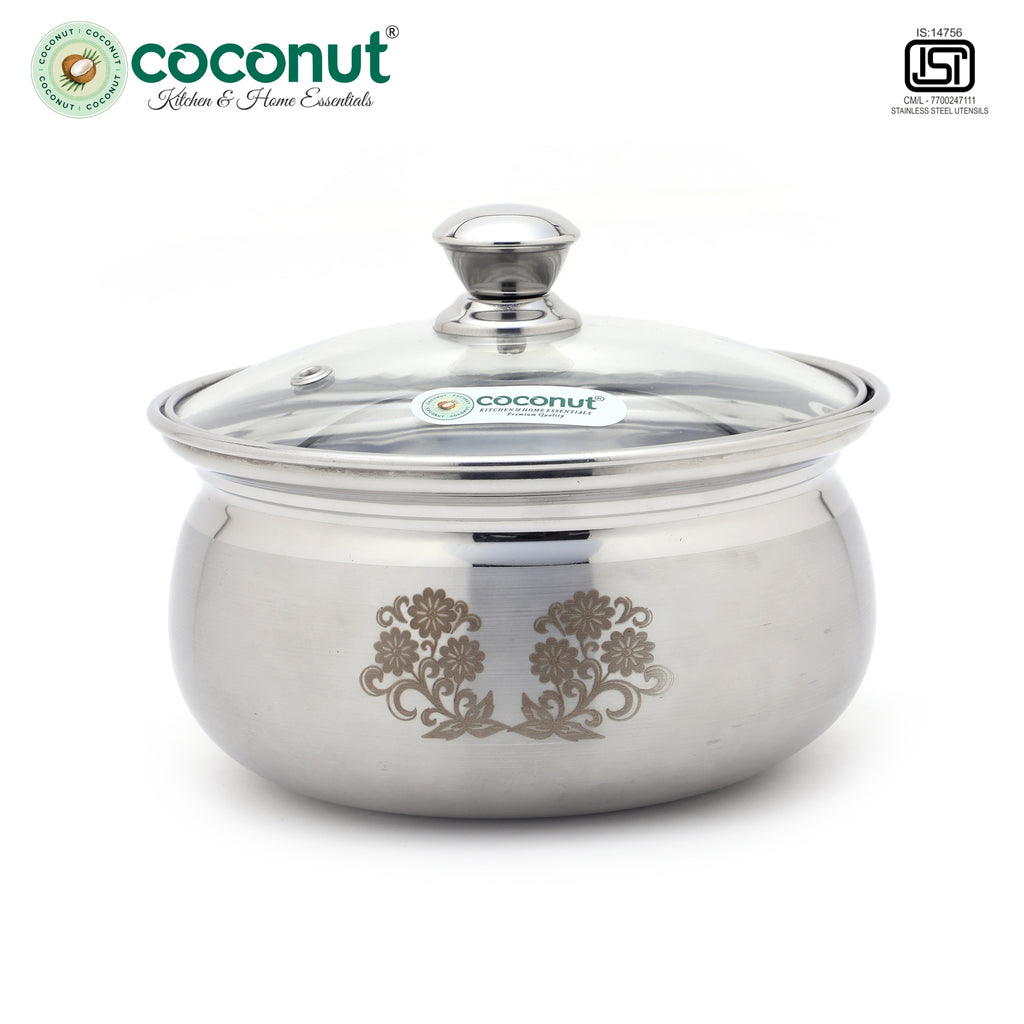 Coconut Fern Stainless Steel Serving 1100ml with Glass Lid | Food Grade SS Hot Pot for Roti, Rice & Curry | Rust Resistant | Dishwasher Safe | Laser Floral Design | Serving Bowl with Lid.