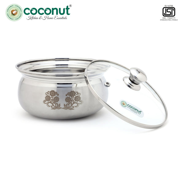 Coconut Fern Stainless Steel Serving 1100ml with Glass Lid | Food Grade SS Hot Pot for Roti, Rice & Curry | Rust Resistant | Dishwasher Safe | Laser Floral Design | Serving Bowl with Lid.