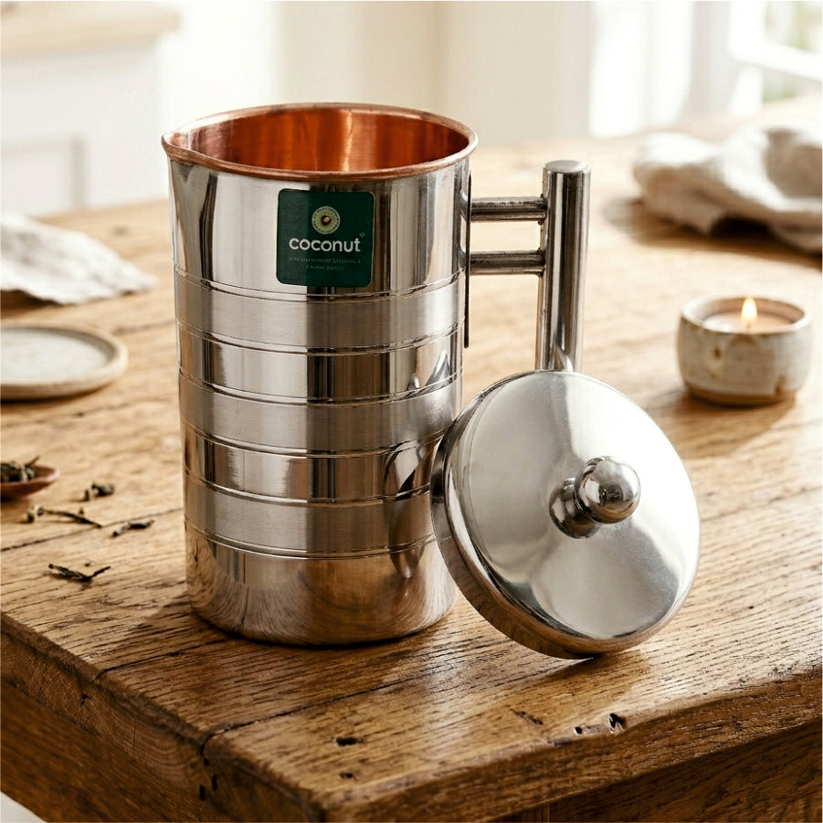 Coconut Globus ST Copper Jug 1500ml | Stainless Steel Outer & Copper Inner Water Jug with Lid & Handle | Water Pitcher for Water, Juice & Lemonade | Food Grade, BPA Free, Rust Proof | Easy Pour Copper Water Container.