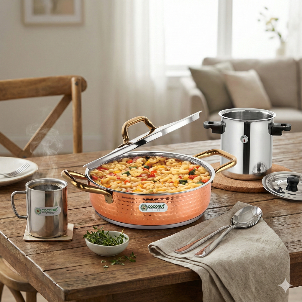 Coconut Stainless Steel Hammered Skillet with Copper Finish + 2 Ltr Traditional Milk Boiler + Plain Coffee Mug | Food-Grade Steel, Heavy Gauge & Durable | Multipurpose Cookware & Serveware Combo | Ideal for Home & Gifting