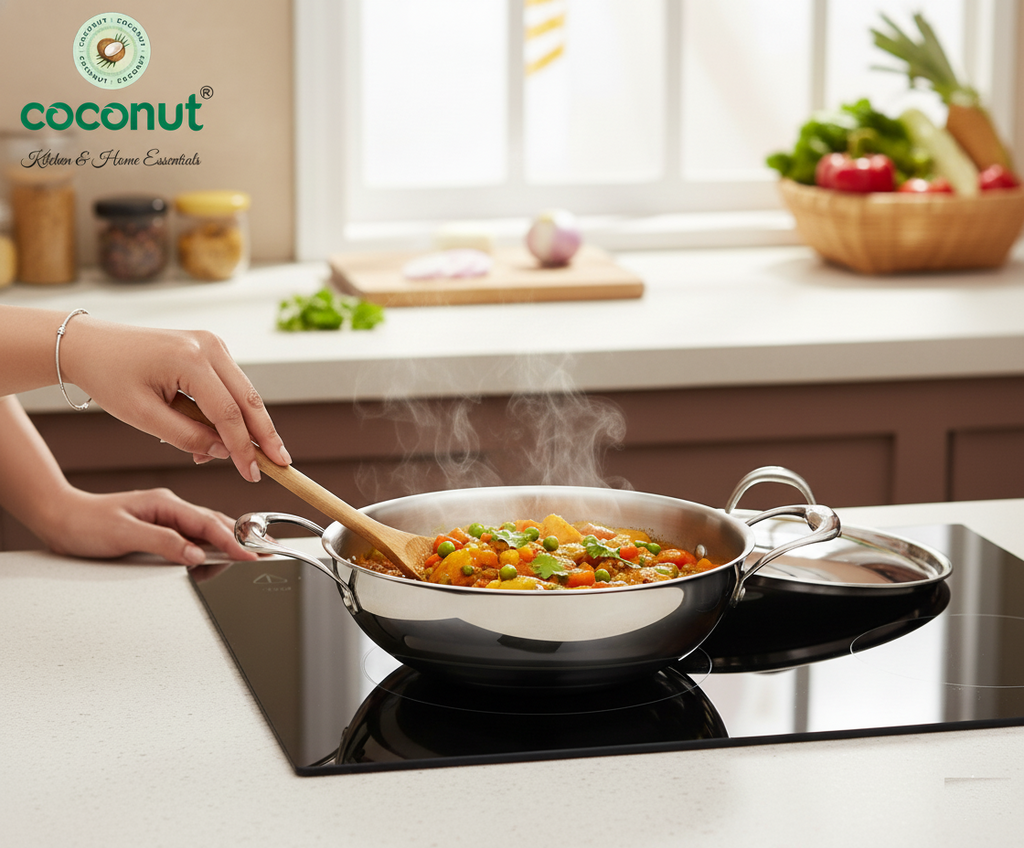coconut Stainless Steel Triply Kadai with Lid | Induction Base Cookware | Fusion Series | Heavy Bottom Triply Kadhai with Stainless Steel Lid | Gas & Induction Friendly | 1 Unit
