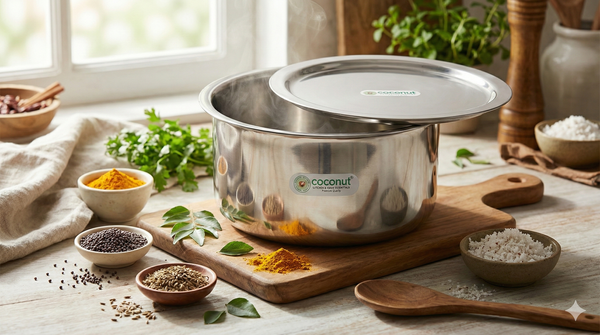 Coconut Premium Tri-Ply Steel Kitchen Gift Set – Includes 22cm Kadai, 1.5L Milk Pan/Tope with Lid & Mini Fry Pan – Durable Food-Grade Cookware for Healthy Cooking - Combo 2026