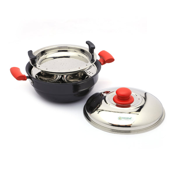 Coconut Hard Anodised Multi kadai 8 idly , Stainless Steel 2plate with steamer - Induction Base