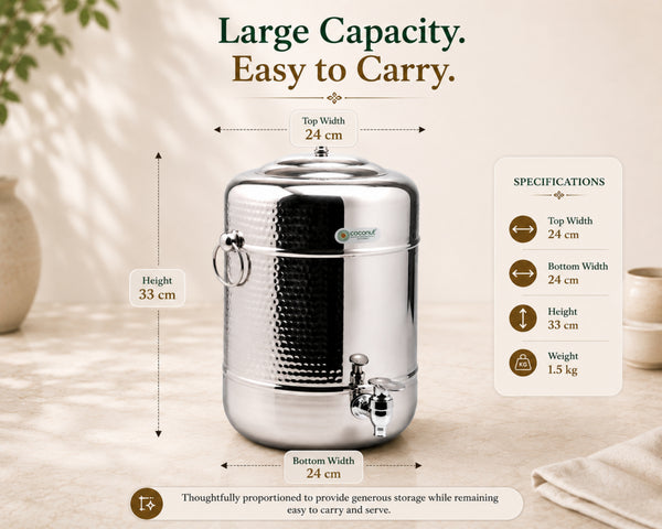 COCONUT Stainless Steel Hammered Capsule Water Pot  | Premium Mirror Finish Countertop Dispenser Tank with Tap | Heavy-Gauge Food Grade Water Storage Matka with Side Handles
