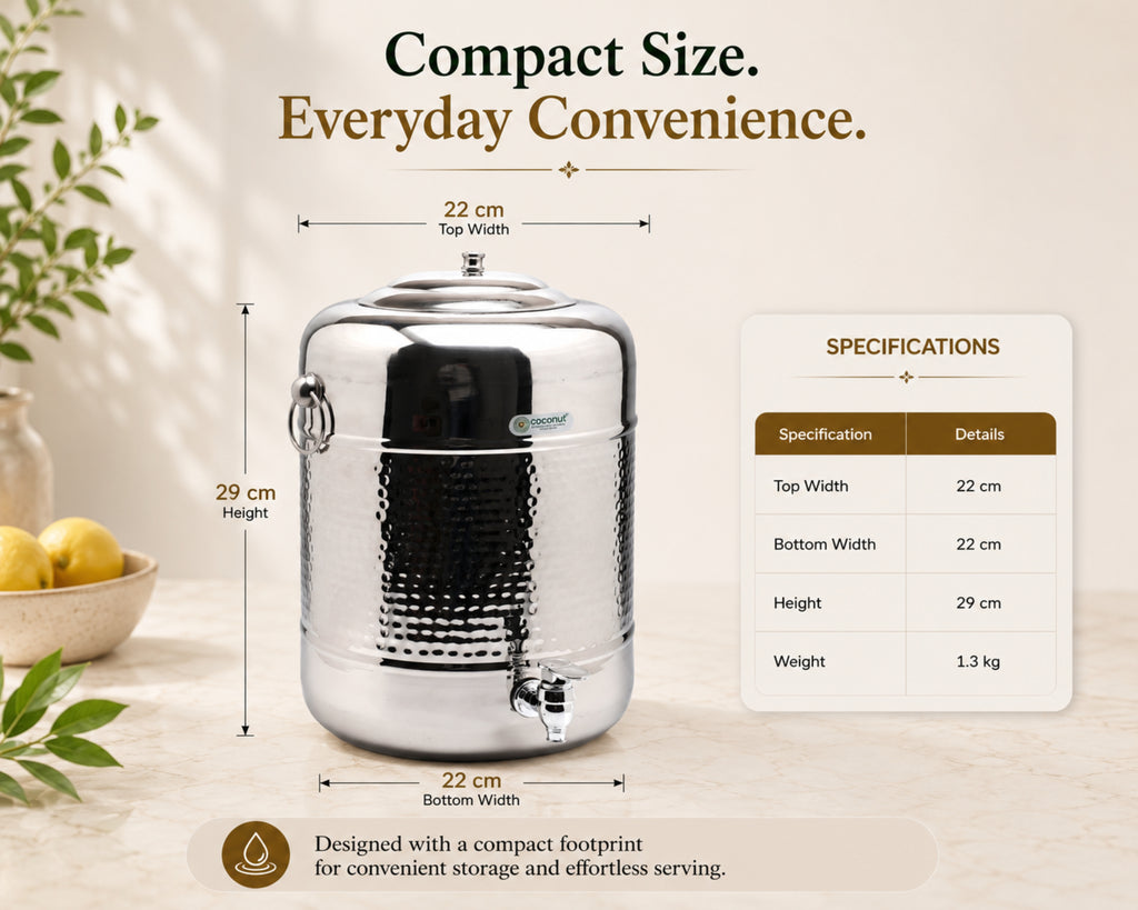 COCONUT Stainless Steel Hammered Capsule Water Pot  | Premium Mirror Finish Countertop Dispenser Tank with Tap | Heavy-Gauge Food Grade Water Storage Matka with Side Handles