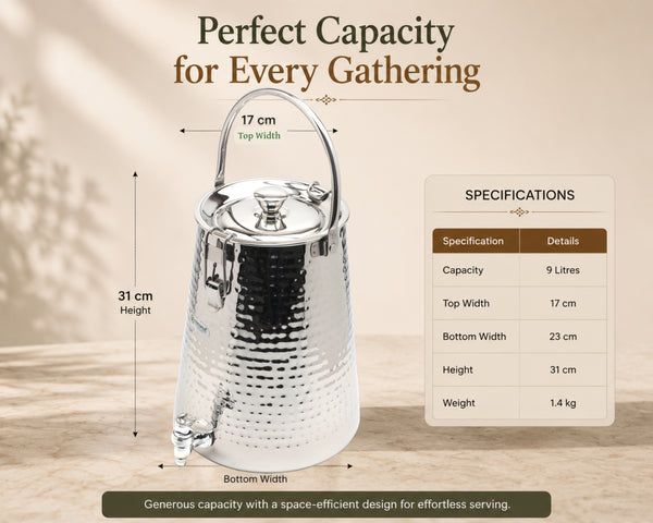 COCONUT Stainless Steel Hammered Taper Lilly Water Dispenser Pot | Premium Mirror Finish Countertop Dispenser with Heavy-Duty Tap and Toggle Clamp Locks | Heavy-Gauge Food Grade Water Storage Container with Carrying Handle