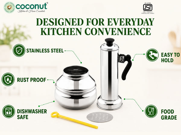 Coconut Stainless Steel Handi Puttu Kodam Maker Set, Traditional South Indian Breakfast Steamer with Handi Water Kudam, Steamer Cylinder Tube, Perforated Mesh Disc & Pusher Stick