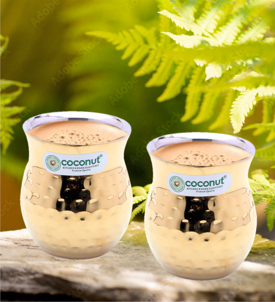 Coconut Stainless Steel Double Walled Hammered Tumbler | Premium Glitter Copper Coating Outside | Heavy-Gauge, Rust-Proof & Food-Grade | Ideal for Water, Juice, Lassi, Milk & Drinks | BPA-Free, Eco-Friendly & Durable | Pack of 2.