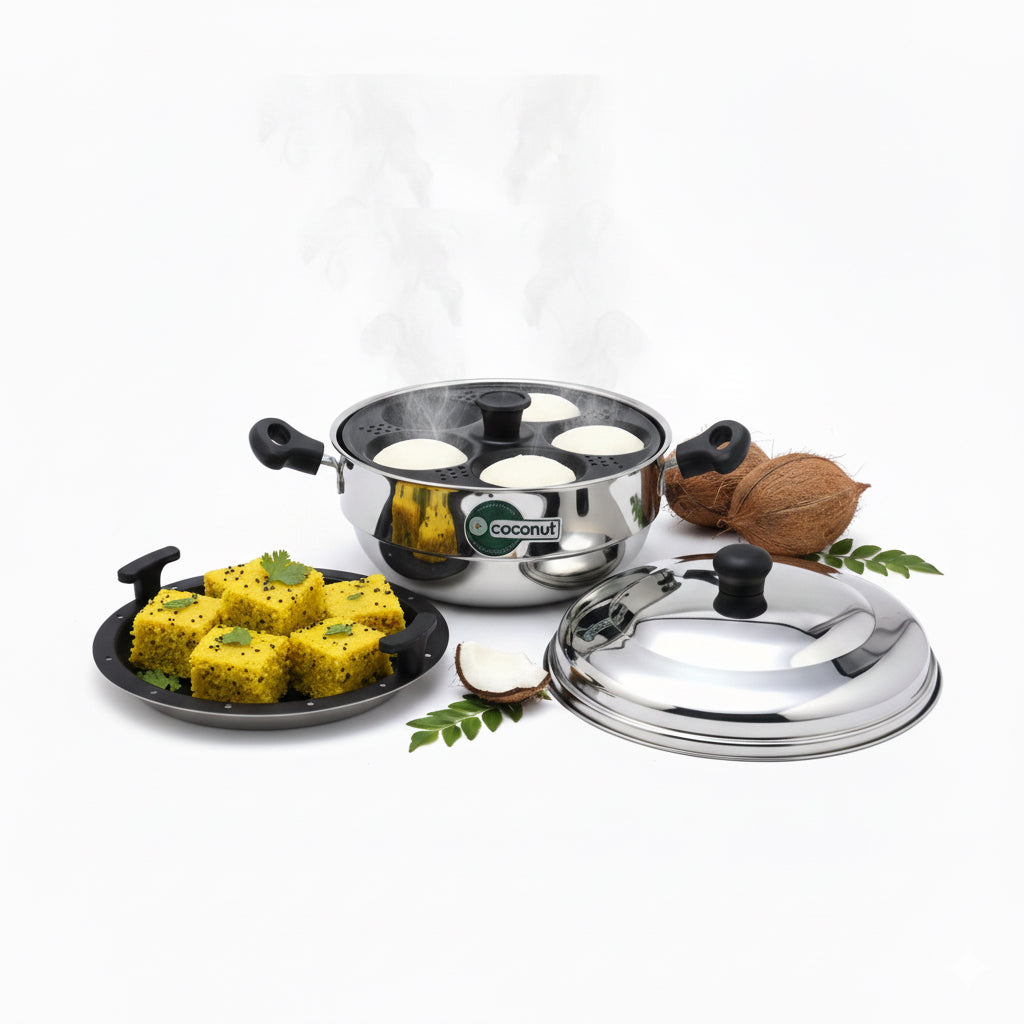 Coconut Stainless Steel - Adigas Non Stick Idli Steamer | Makes 15 Idli, Dhokala, Steam Vegetable, Momos | Works on Induction and Gas Stove| Model - Adigas 15 idly with steamer plate