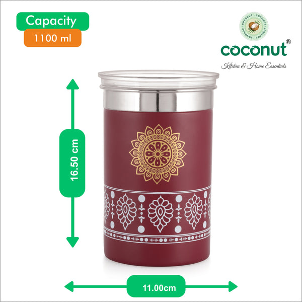 Coconut Stainless Steel Storage Container with Acrylic Leak-Proof Lid – 1100 ml, Airtight Kitchen Jar with Traditional Printed Design – Ideal for Snacks, Spices & Dry Storage