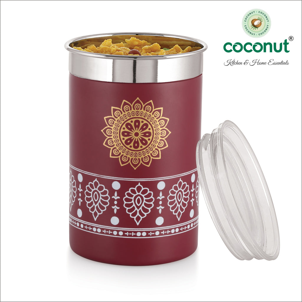 Coconut Stainless Steel Storage Container with Acrylic Leak-Proof Lid – 1100 ml, Airtight Kitchen Jar with Traditional Printed Design – Ideal for Snacks, Spices & Dry Storage
