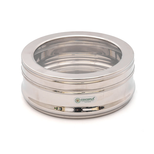 Coconut Stainless Steel Sweet C-Thru Dabba Set of 3 with Transparent Lid | 1100ml, 1400ml And 2050ml | Food Grade Steel Storage Containers | Belly Shape Snack, Sweet & Dry Fruit Container | Rust Proof, BPA Free, Dishwasher Safe.