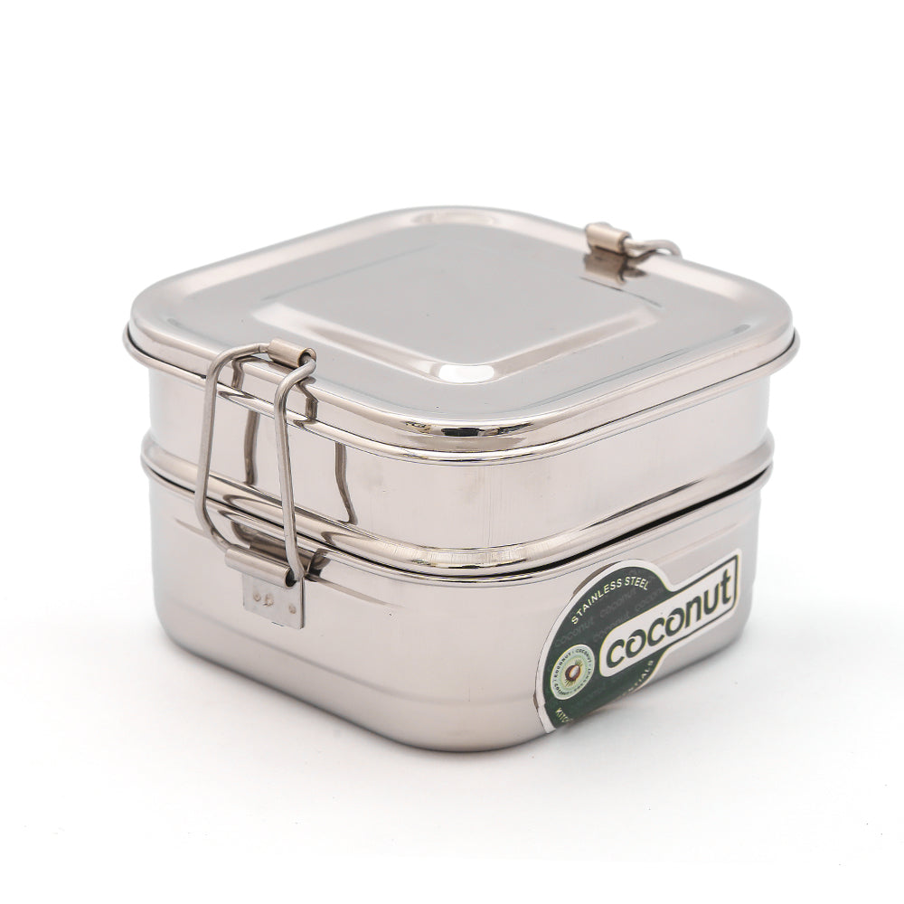 Coconut Stainless Steel Square Double Decker Lunch Box - 1 Unit (2 Tier with Plate)