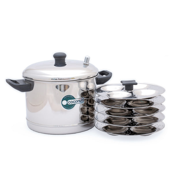 Coconut Stainless Steel Triply Idli Cooker - Heavy Gauge, Thick bottom, Mirror finish, Induction Base and Gas Stove compactible, Sandwich Bottom / Triply Bottom / Idli Cooker / Idli Steamer, Model - Idli Cooker (4 Plate, 6plate)