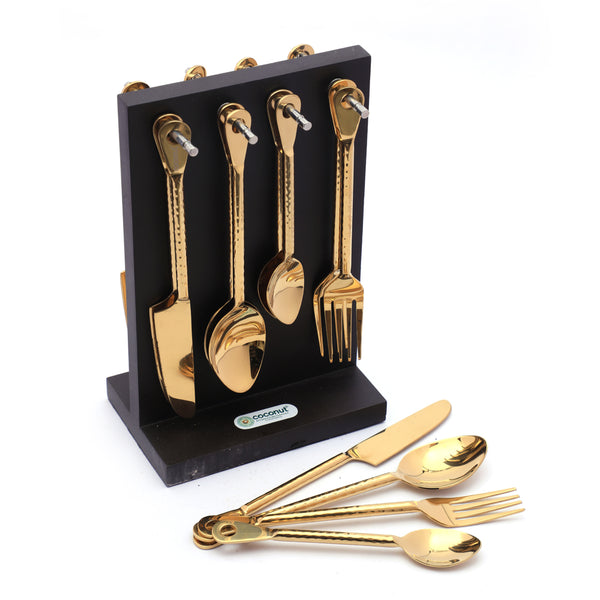 Coconut Cullinan Stainless Steel With Gold Coating Design 6 Baby Spoon, 6 Mater Spoon, 6 Fork, 6 Knife With Wooden Stand - 1 Unit