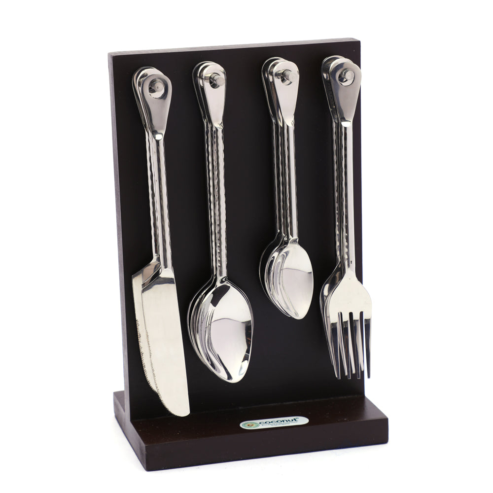 Coconut Sancy Stainless Steel 6 Baby Spoon, 6 Mater Spoon, 6 Fork, 6 Knife With Wooden Stand - 1 Unit