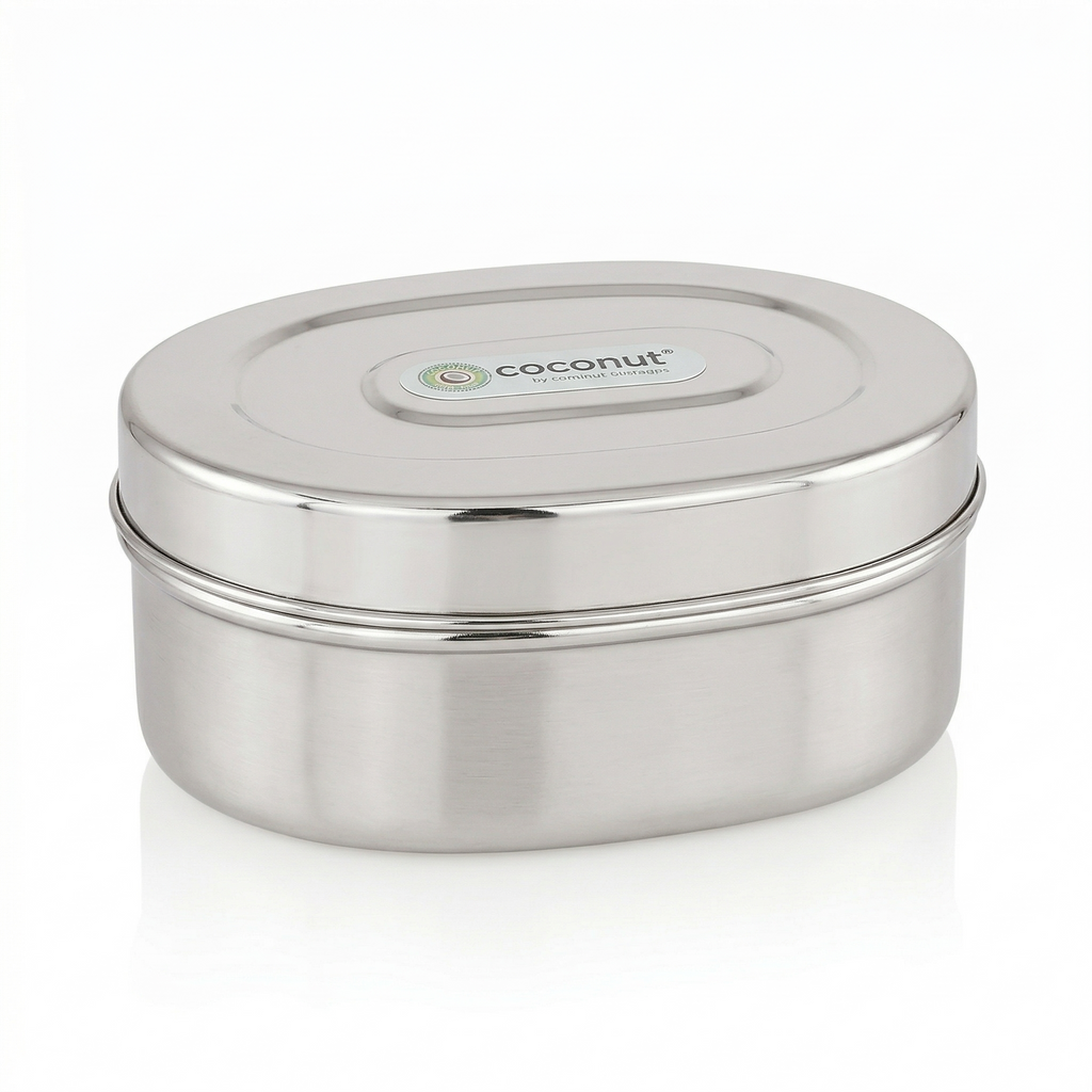 Coconut Stainless Steel Oval Lunch Box with Inner Lid | Food Grade Steel Tiffin Box | Leak-Resistant Storage Container | Durable, Rust-Proof Mirror Finish Dabba for Office, School & Travel.