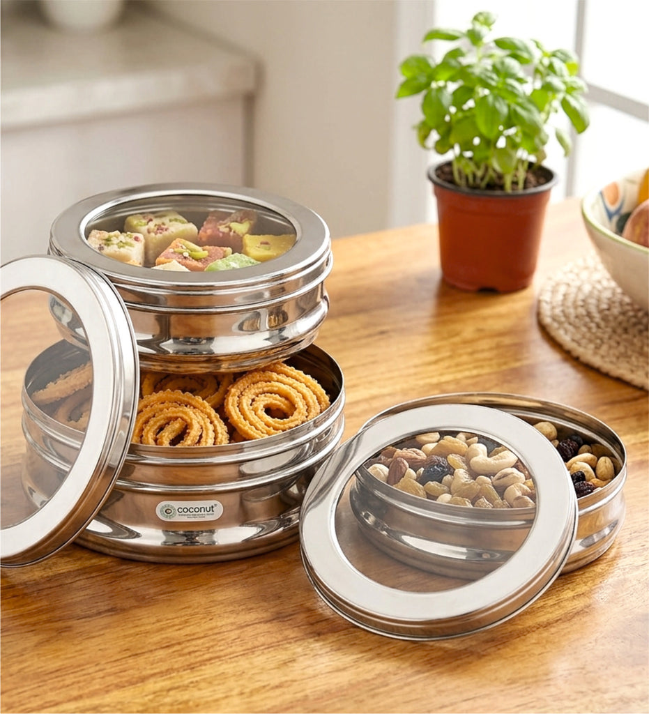 Coconut Stainless Steel Sweet C-Thru Dabba Set of 3 with Transparent Lid | 1100ml, 1400ml And 2050ml | Food Grade Steel Storage Containers | Belly Shape Snack, Sweet & Dry Fruit Container | Rust Proof, BPA Free, Dishwasher Safe.