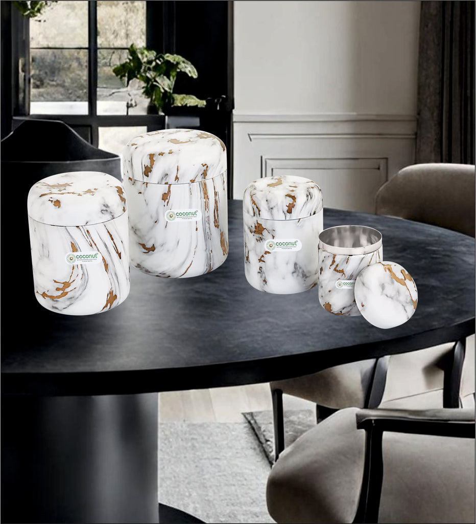 Coconut Stainless Steel Mable-look Designer Canister | Food-grade, Heavy Gauge| Multipurpose Kitchen Container | Air tight Storage Dabba | Candy Box | Dabba | Kitchen storage jar.