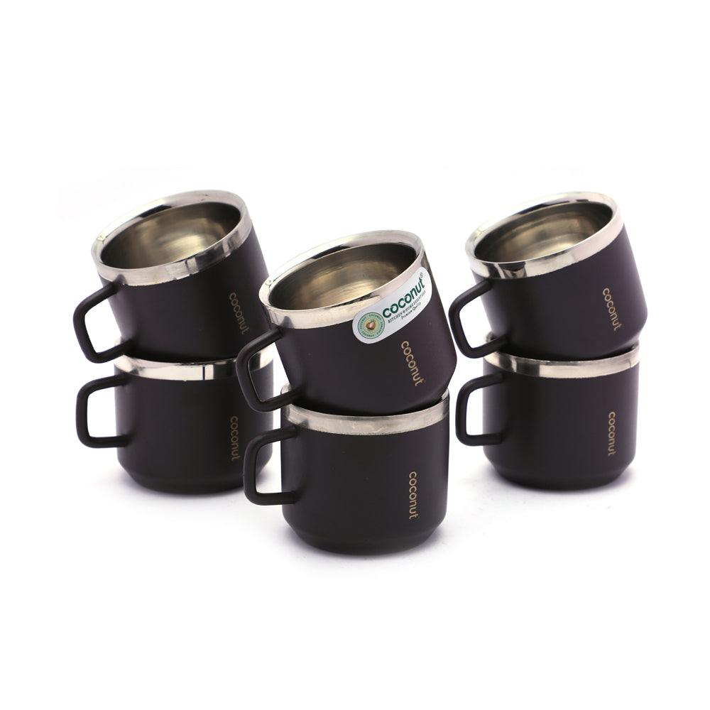 Coconut Iconic Stainless Steel Double Walled Colour Coating Coffee/Tea Mug - Brown - set of 6 -  100ML Each