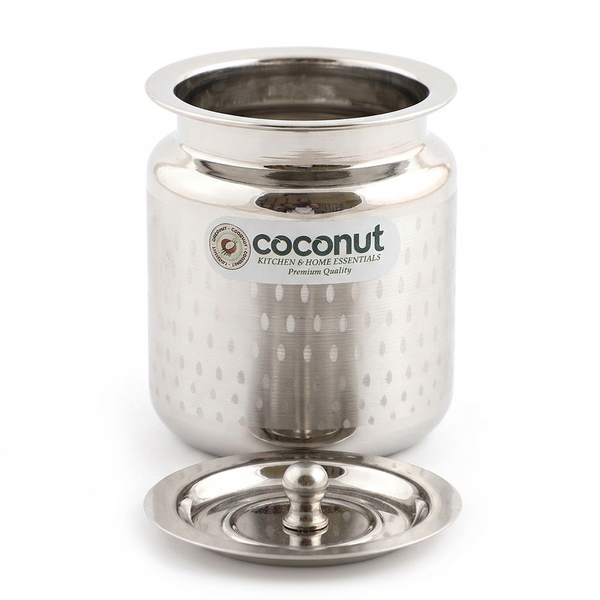 Coconut Stainless Steel Shower Design Ghee Pot with Lid (GP-05) | Heavy Gauge Mirror Finish Ghee Dhani, Oil Dispenser, Ghee Storage Container, Pickle Jar & Multipurpose Bharani for Kitchen & Dining Use | 1 Piece.