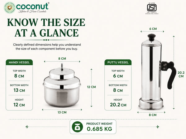 Coconut Stainless Steel Single Puttu Kodam Maker Set, Traditional South Indian Breakfast Steamer with Nozzle-Top Water Kudam Pot, Tubular Steamer Cylinder, Perforated Mesh Disc & Extractor Stick (Mirror Finish, Silver)