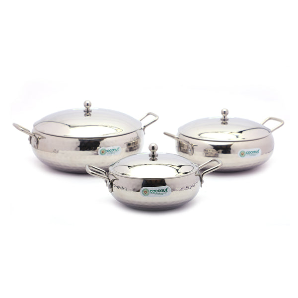 Coconut Stainless Steel Hammered Handi with SS Lid For Cook n Serve - Set of 3 - 1000ML, 700ML, 500ML