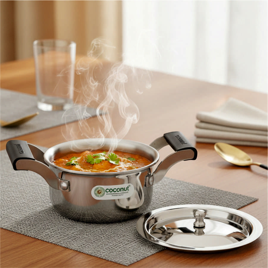 Coconut Stainless Steel Nano Stockpot 400 ml with Lid & Side Handles | Mini Casserole / Stock Pot | Heavy Gauge Food Grade Steel | Mirror Finish | Rust Proof | Easy to Clean | For Heating, Serving & Small Cooking.