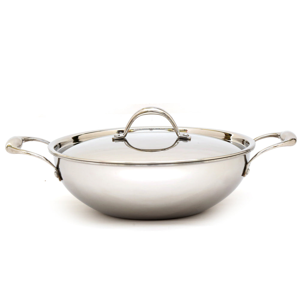 Coconut Stainless Steel Triply Kadai with lid | Heat resistant handles- Gas and Induction stove compactible | Even heat distribution