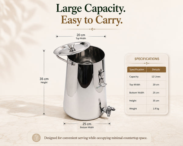 COCONUT Stainless Steel Taper Lilly Water Dispenser Pot | Premium Mirror Finish Countertop Water Dispenser with Heavy-Duty Tap and Toggle Clamp Locks | Heavy-Gauge Food Grade Water Storage Container with Carrying Handle