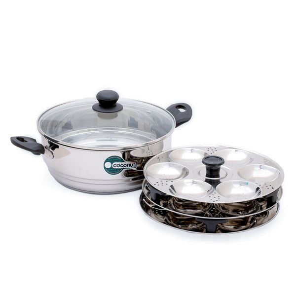 Coconut Stainless Steel Tri-Ply Glass Lid Steamer with 20 Idli & Steamer Plate + 6 Tea Spoons | Heavy-Gauge Food-Grade Cookware | Even Heating & Healthy Steaming | Gas & Induction Compatible | Mirror Finish - Combo 2026