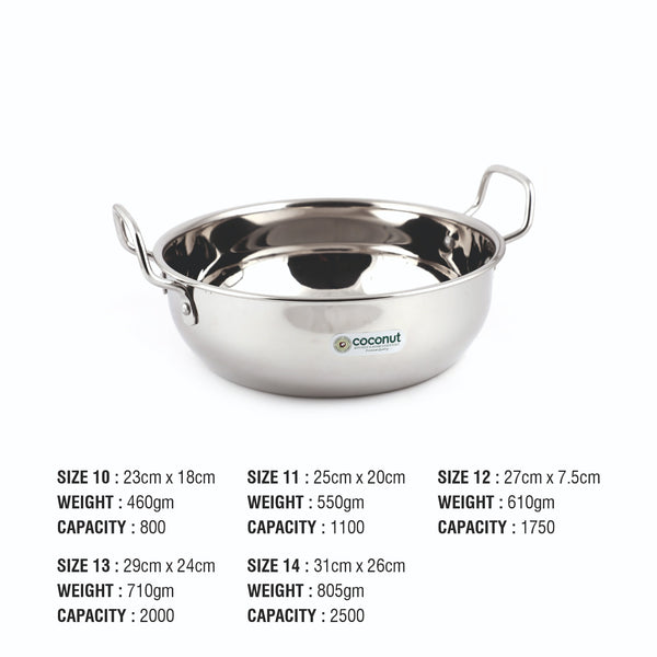 Coconut Stainless Steel Plain Kadai - Heavy Gauge, Mirror Finish, Cooking kadai, Serving Kadai, Plain Kadai, Model - Plain kadai